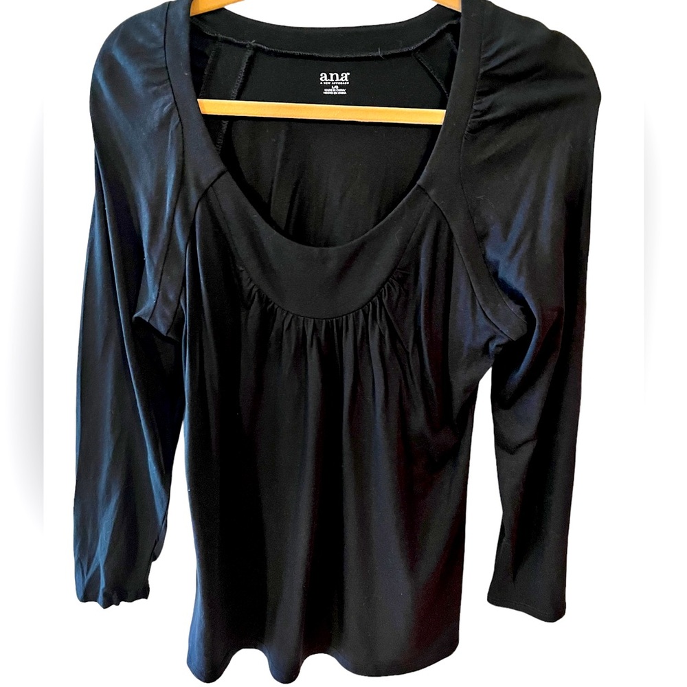 Dark Black Long Sleeve Round Neck T-Shirt by a.n.a. Size = Large.